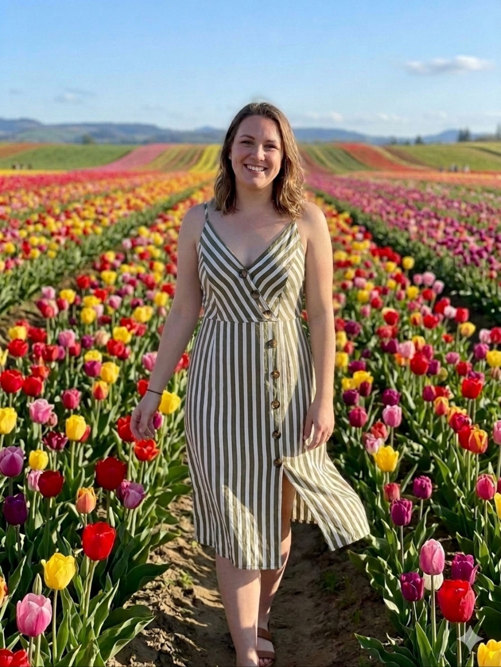 Olive & Cream Striped Tie-Front Midi Dress